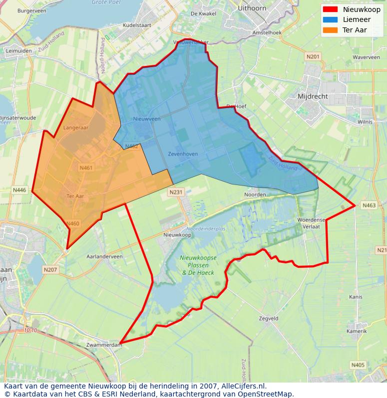 Afbeelding met een achtergrondkaart van OpenStreetMap en daarbovenop geometrische vormen van de gemeentelijke gebieden uit de data van het CBS. De geometrische vormen (polygonen) geven met eigen kleuren per gemeente de herindelingssituatie weer.