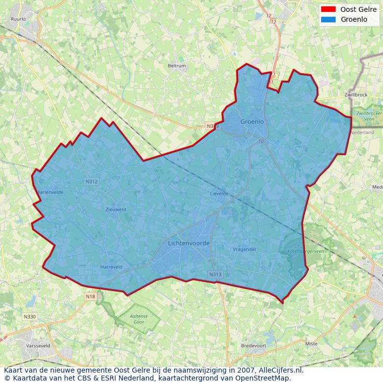 Afbeelding met een achtergrondkaart van OpenStreetMap en daarbovenop geometrische vormen van de gemeentelijke gebieden uit de data van het CBS. De geometrische vormen (polygonen) geven met eigen kleuren per gemeente de herindelingssituatie weer.