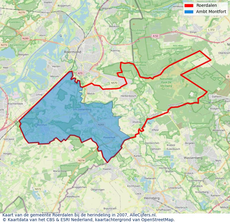 Afbeelding met een achtergrondkaart van OpenStreetMap en daarbovenop geometrische vormen van de gemeentelijke gebieden uit de data van het CBS. De geometrische vormen (polygonen) geven met eigen kleuren per gemeente de herindelingssituatie weer.