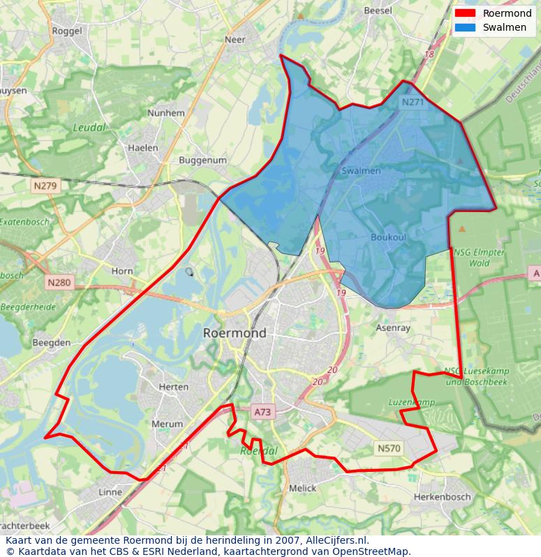 Afbeelding met een achtergrondkaart van OpenStreetMap en daarbovenop geometrische vormen van de gemeentelijke gebieden uit de data van het CBS. De geometrische vormen (polygonen) geven met eigen kleuren per gemeente de herindelingssituatie weer.