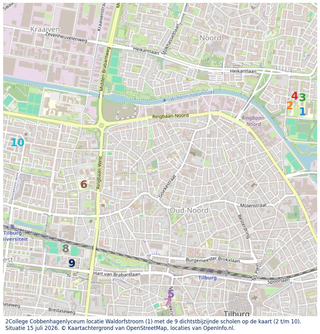 Kaart van de school met de tien dichtsbijzijnde scholen. Hierbij zijn de scholen genummerd van 1 tot en met 10. Nummer 1 is toegekend aan de schoolvestiging zelf: 2College Cobbenhagenlyceum locatie Waldorfstroom.