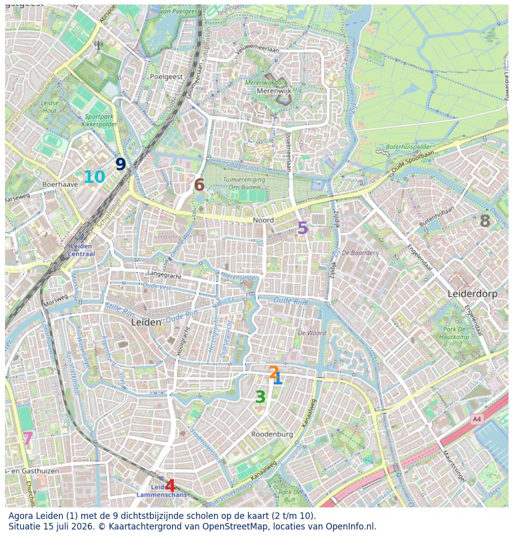 Kaart van de school met de tien dichtsbijzijnde scholen. Hierbij zijn de scholen genummerd van 1 tot en met 10. Nummer 1 is toegekend aan de schoolvestiging zelf: Agora Leiden.