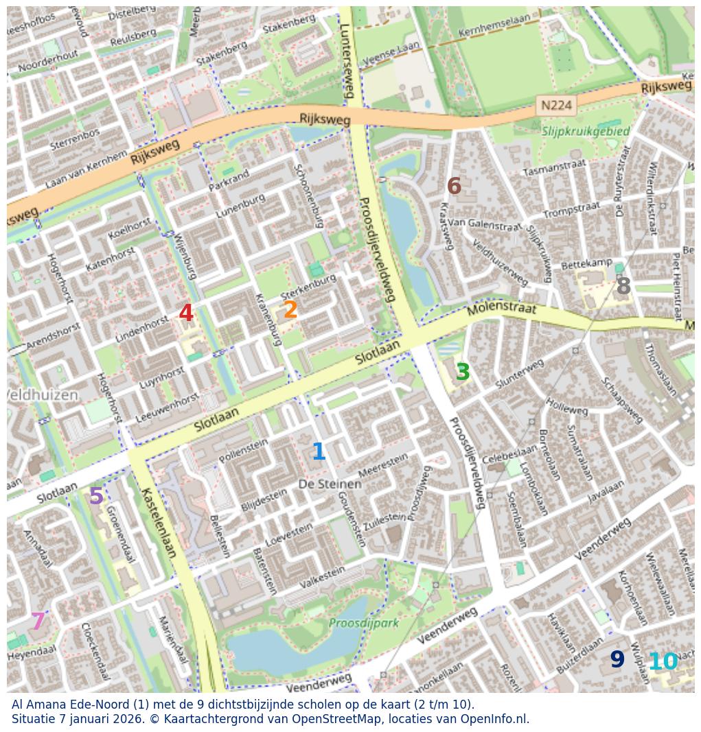 Kaart van de school met de tien dichtsbijzijnde scholen. Hierbij zijn de scholen genummerd van 1 tot en met 10. Nummer 1 is toegekend aan de schoolvestiging zelf: Al Amana Ede-Noord.
