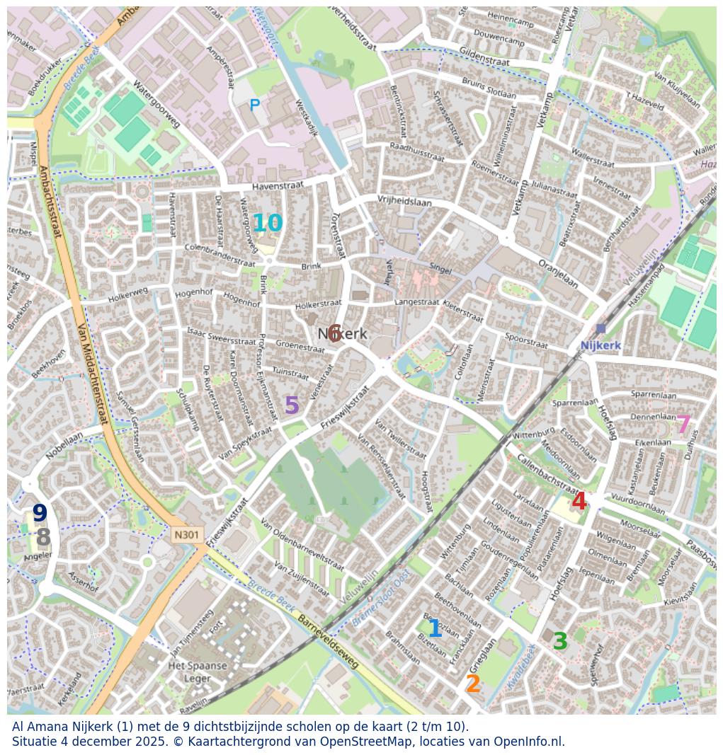 Kaart van de school met de tien dichtsbijzijnde scholen. Hierbij zijn de scholen genummerd van 1 tot en met 10. Nummer 1 is toegekend aan de schoolvestiging zelf: Al Amana Nijkerk.