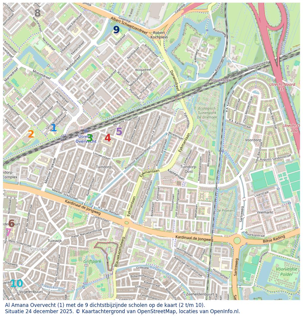Kaart van de school met de tien dichtsbijzijnde scholen. Hierbij zijn de scholen genummerd van 1 tot en met 10. Nummer 1 is toegekend aan de schoolvestiging zelf: Al Amana Overvecht.
