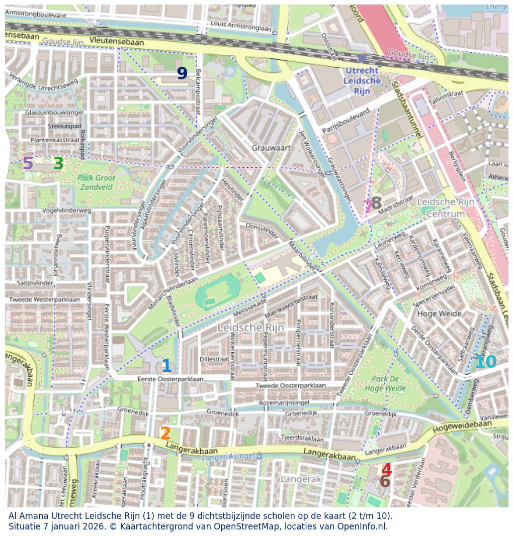 Kaart van de school met de tien dichtsbijzijnde scholen. Hierbij zijn de scholen genummerd van 1 tot en met 10. Nummer 1 is toegekend aan de schoolvestiging zelf: Al Amana Utrecht Leidsche Rijn.
