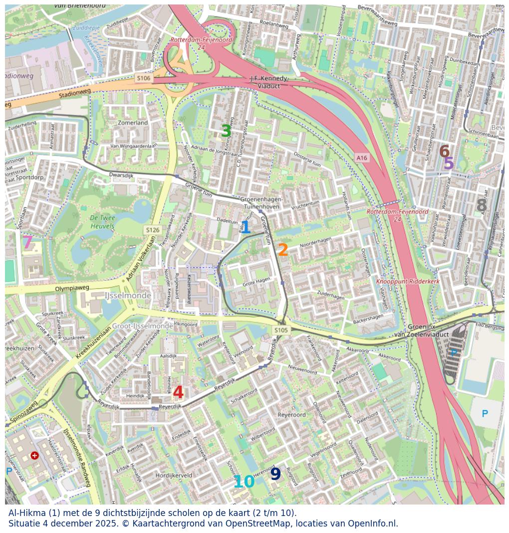 Kaart van de school met de tien dichtsbijzijnde scholen. Hierbij zijn de scholen genummerd van 1 tot en met 10. Nummer 1 is toegekend aan de schoolvestiging zelf: Al-Hikma.