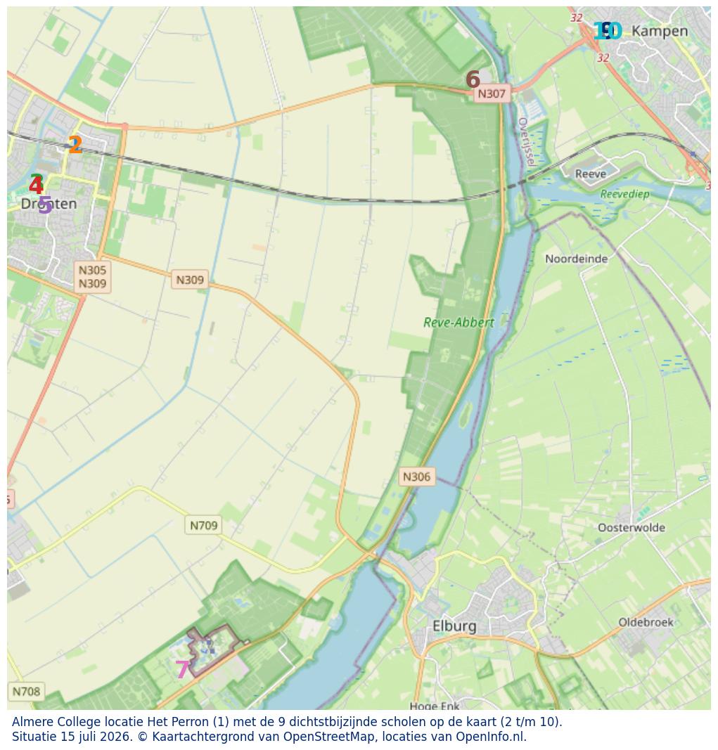 Kaart van de school met de tien dichtsbijzijnde scholen. Hierbij zijn de scholen genummerd van 1 tot en met 10. Nummer 1 is toegekend aan de schoolvestiging zelf: Almere College locatie Het Perron.