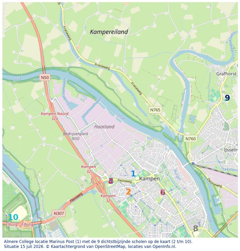 Kaart van de school met de tien dichtsbijzijnde scholen. Hierbij zijn de scholen genummerd van 1 tot en met 10. Nummer 1 is toegekend aan de schoolvestiging zelf: Almere College locatie Marinus Post.