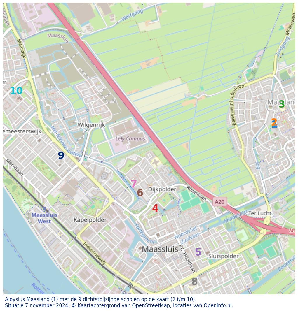 Kaart van de school met de tien dichtsbijzijnde scholen. Hierbij zijn de scholen genummerd van 1 tot en met 10. Nummer 1 is toegekend aan de schoolvestiging zelf: Aloysius Maasland.