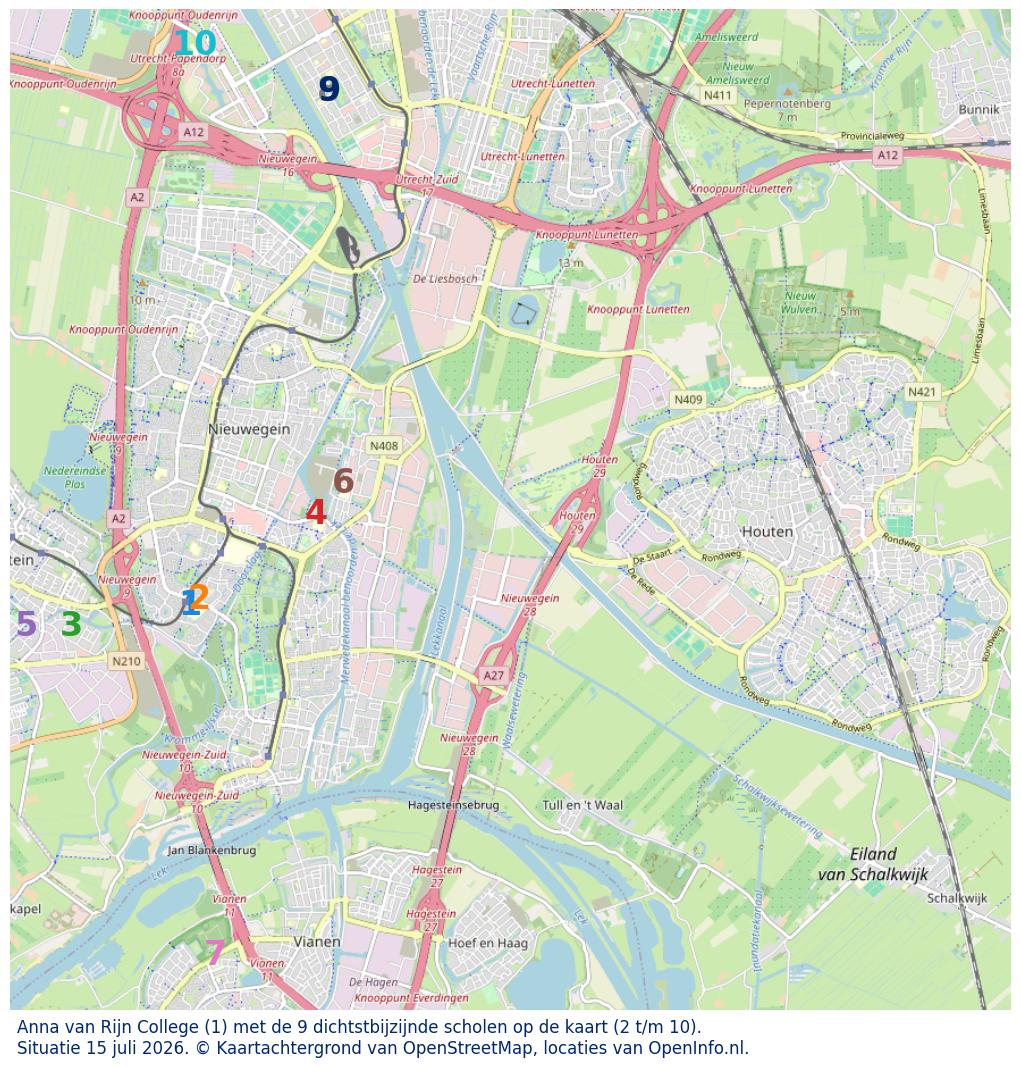 Kaart van de school met de tien dichtsbijzijnde scholen. Hierbij zijn de scholen genummerd van 1 tot en met 10. Nummer 1 is toegekend aan de schoolvestiging zelf: Anna van Rijn College.