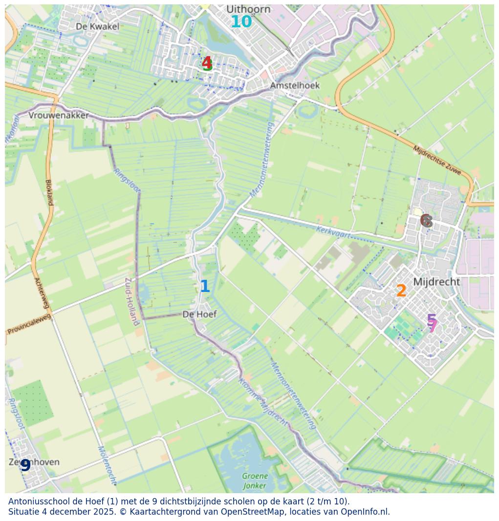 Kaart van de school met de tien dichtsbijzijnde scholen. Hierbij zijn de scholen genummerd van 1 tot en met 10. Nummer 1 is toegekend aan de schoolvestiging zelf: Antoniusschool de Hoef.