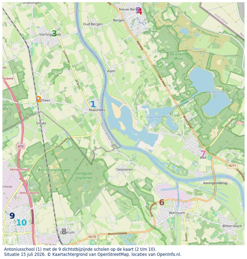Kaart van de school met de tien dichtsbijzijnde scholen. Hierbij zijn de scholen genummerd van 1 tot en met 10. Nummer 1 is toegekend aan de schoolvestiging zelf: Antoniusschool.