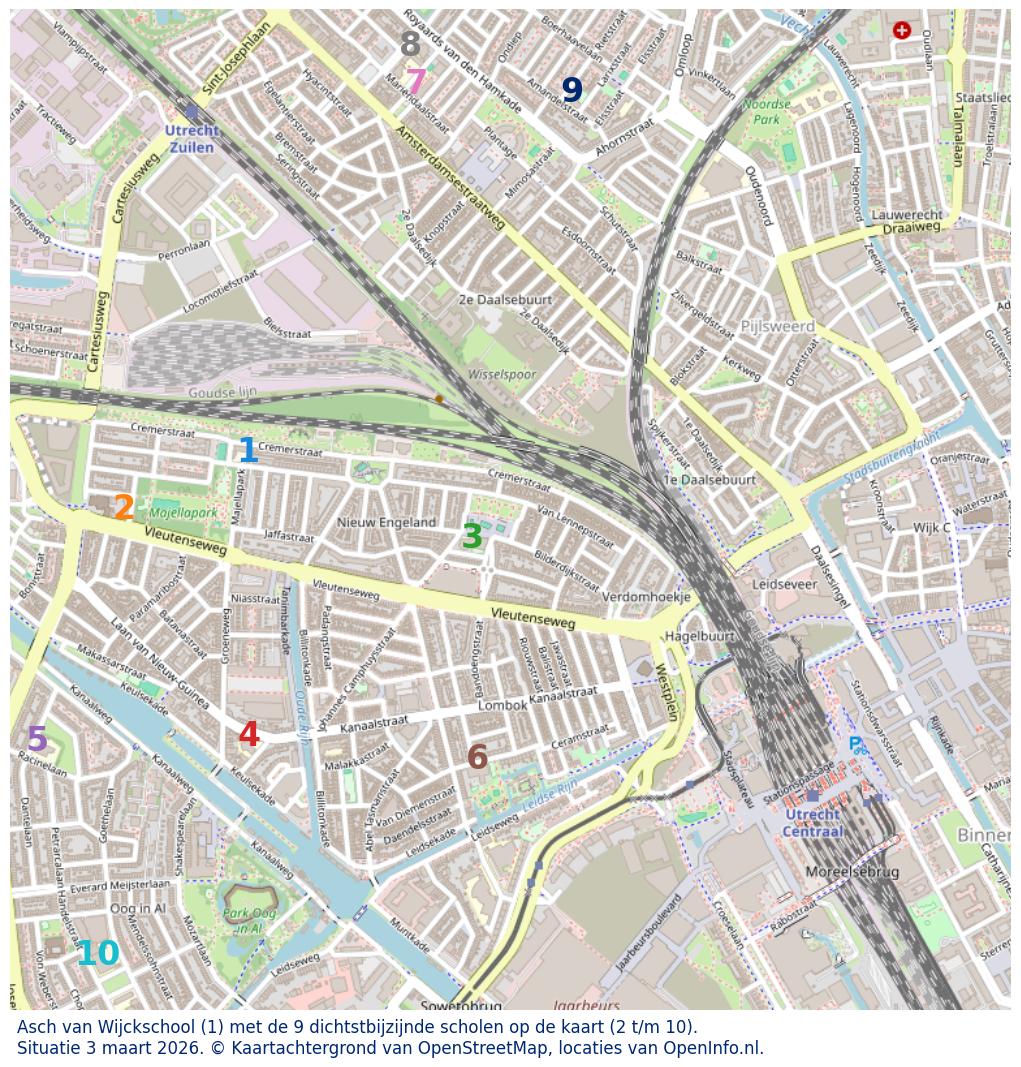 Kaart van de school met de tien dichtsbijzijnde scholen. Hierbij zijn de scholen genummerd van 1 tot en met 10. Nummer 1 is toegekend aan de schoolvestiging zelf: Asch van Wijckschool.