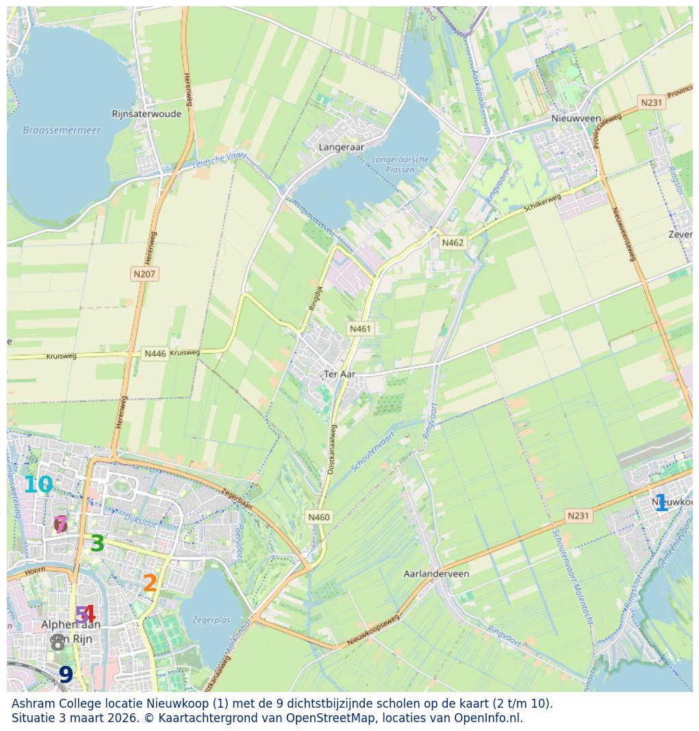 Kaart van de school met de tien dichtsbijzijnde scholen. Hierbij zijn de scholen genummerd van 1 tot en met 10. Nummer 1 is toegekend aan de schoolvestiging zelf: Ashram College locatie Nieuwkoop.