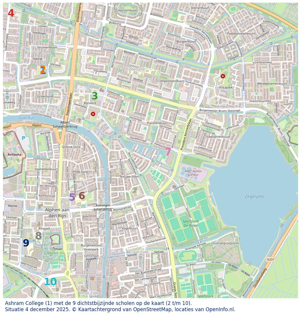 Kaart van de school met de tien dichtsbijzijnde scholen. Hierbij zijn de scholen genummerd van 1 tot en met 10. Nummer 1 is toegekend aan de schoolvestiging zelf: Ashram College.