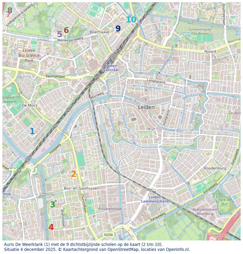 Kaart van de school met de tien dichtsbijzijnde scholen. Hierbij zijn de scholen genummerd van 1 tot en met 10. Nummer 1 is toegekend aan de schoolvestiging zelf: Auris De Weerklank.