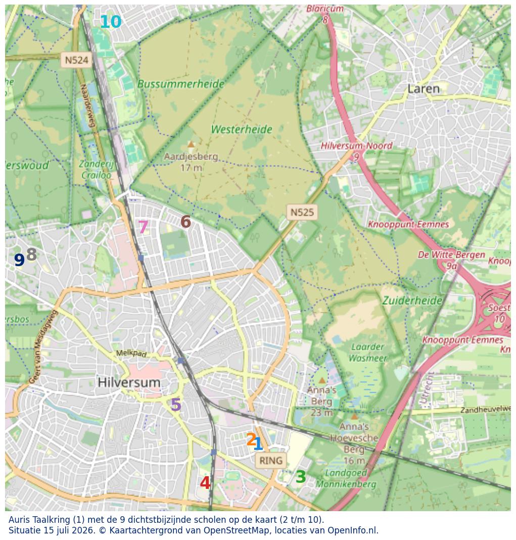 Kaart van de school met de tien dichtsbijzijnde scholen. Hierbij zijn de scholen genummerd van 1 tot en met 10. Nummer 1 is toegekend aan de schoolvestiging zelf: Auris Taalkring.