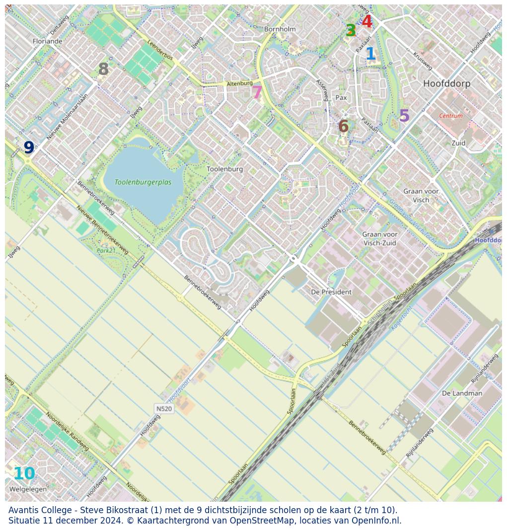 Kaart van de school met de tien dichtsbijzijnde scholen. Hierbij zijn de scholen genummerd van 1 tot en met 10. Nummer 1 is toegekend aan de schoolvestiging zelf: Avantis College - Steve Bikostraat.