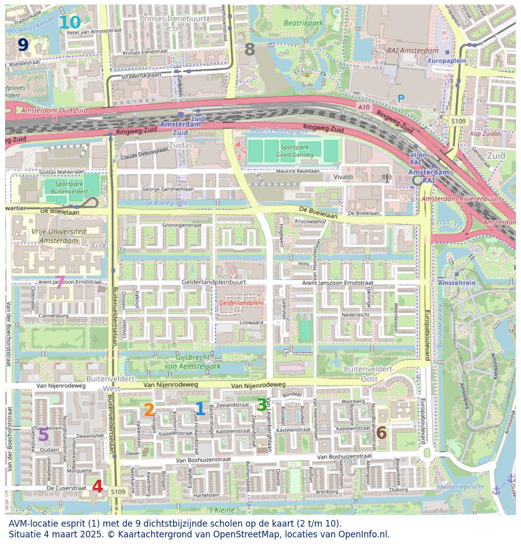 Kaart van de school met de tien dichtsbijzijnde scholen. Hierbij zijn de scholen genummerd van 1 tot en met 10. Nummer 1 is toegekend aan de schoolvestiging zelf: AVM-locatie esprit.