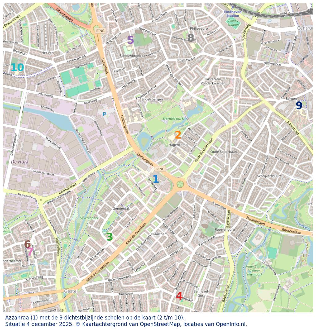 Kaart van de school met de tien dichtsbijzijnde scholen. Hierbij zijn de scholen genummerd van 1 tot en met 10. Nummer 1 is toegekend aan de schoolvestiging zelf: Azzahraa.