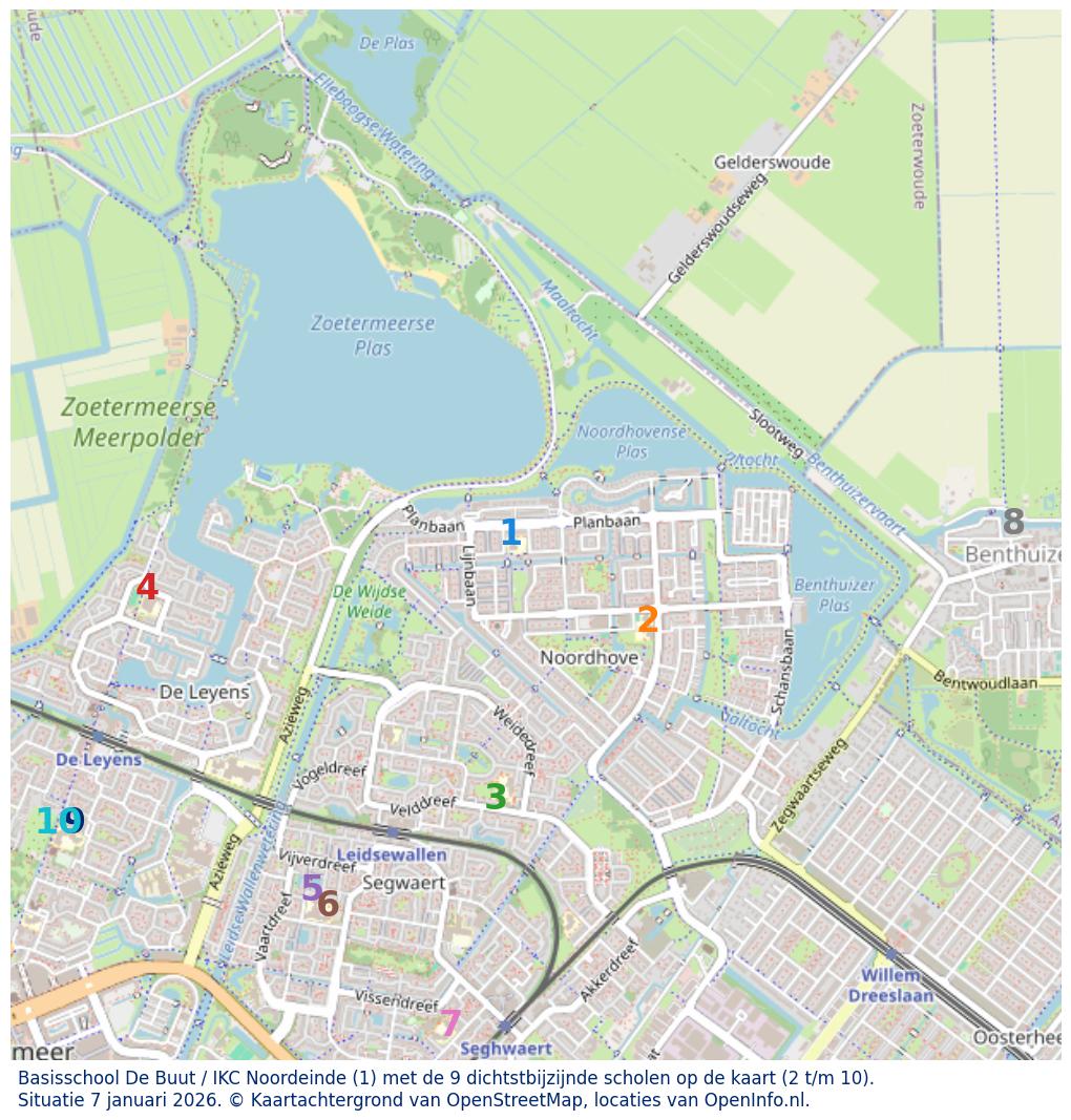 Kaart van de school met de tien dichtsbijzijnde scholen. Hierbij zijn de scholen genummerd van 1 tot en met 10. Nummer 1 is toegekend aan de schoolvestiging zelf: Basisschool De Buut / IKC Noordeinde.