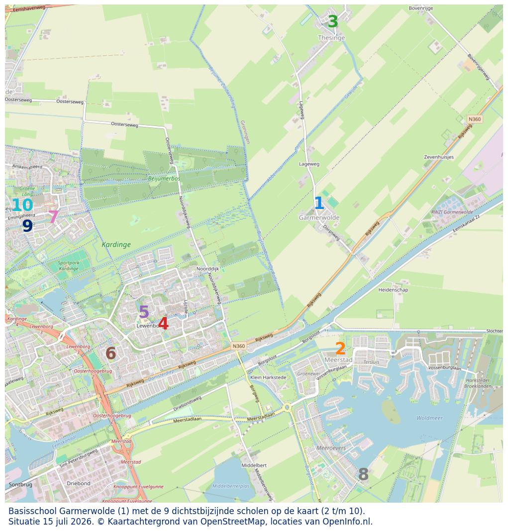 Kaart van de school met de tien dichtsbijzijnde scholen. Hierbij zijn de scholen genummerd van 1 tot en met 10. Nummer 1 is toegekend aan de schoolvestiging zelf: Basisschool Garmerwolde.