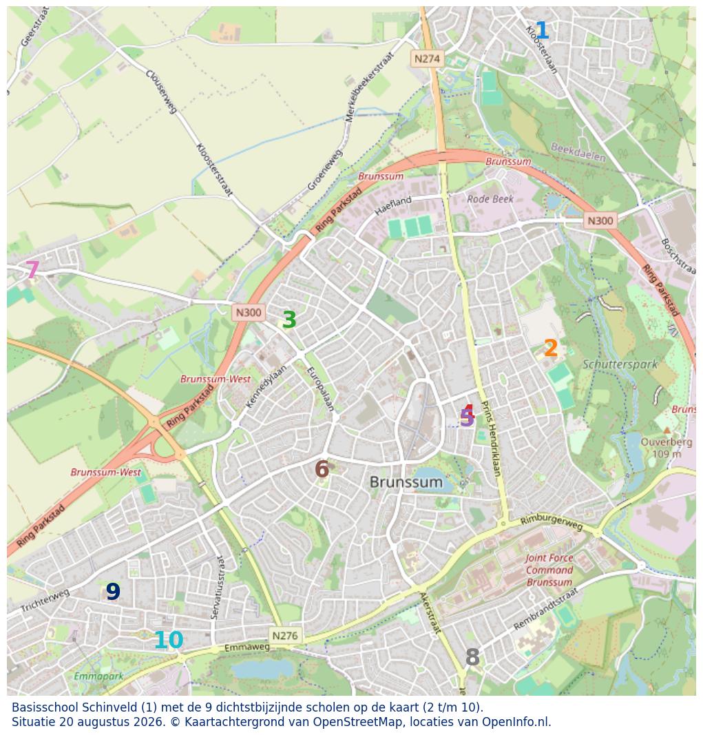 Kaart van de school met de tien dichtsbijzijnde scholen. Hierbij zijn de scholen genummerd van 1 tot en met 10. Nummer 1 is toegekend aan de schoolvestiging zelf: Basisschool Schinveld.