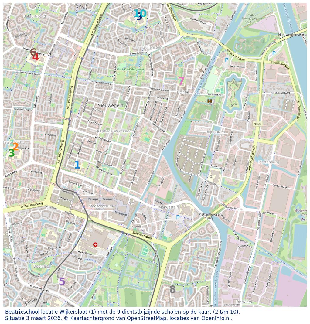 Kaart van de school met de tien dichtsbijzijnde scholen. Hierbij zijn de scholen genummerd van 1 tot en met 10. Nummer 1 is toegekend aan de schoolvestiging zelf: Beatrixschool locatie Wijkersloot.