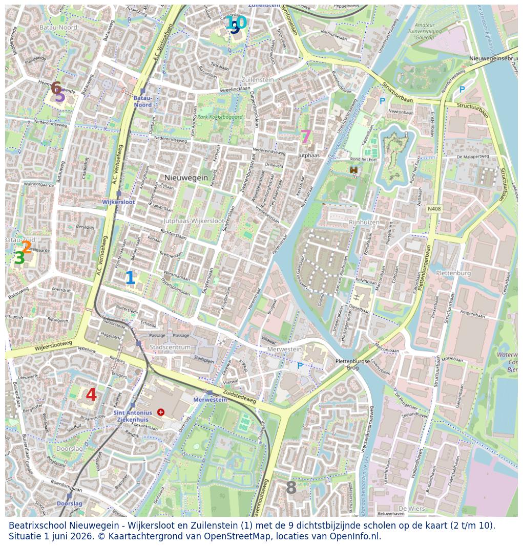 Kaart van de school met de tien dichtsbijzijnde scholen. Hierbij zijn de scholen genummerd van 1 tot en met 10. Nummer 1 is toegekend aan de schoolvestiging zelf: Beatrixschool Nieuwegein - Wijkersloot en Zuilenstein.