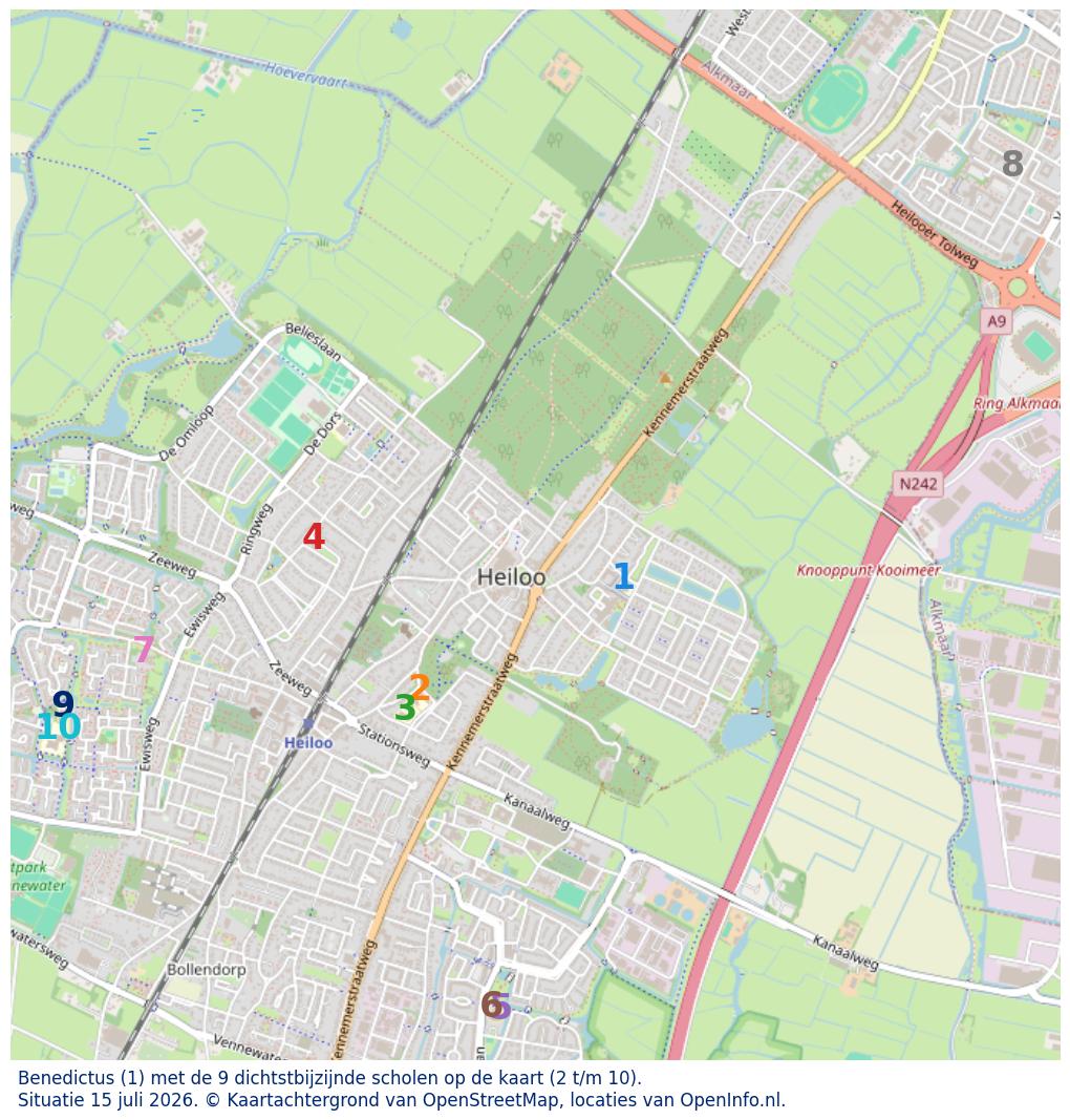 Kaart van de school met de tien dichtsbijzijnde scholen. Hierbij zijn de scholen genummerd van 1 tot en met 10. Nummer 1 is toegekend aan de schoolvestiging zelf: Benedictus.
