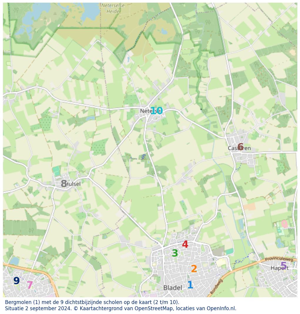 Kaart van de school met de tien dichtsbijzijnde scholen. Hierbij zijn de scholen genummerd van 1 tot en met 10. Nummer 1 is toegekend aan de schoolvestiging zelf: Bergmolen.