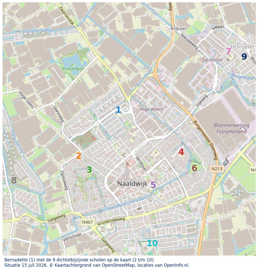 Kaart van de school met de tien dichtsbijzijnde scholen. Hierbij zijn de scholen genummerd van 1 tot en met 10. Nummer 1 is toegekend aan de schoolvestiging zelf: Bernadette.