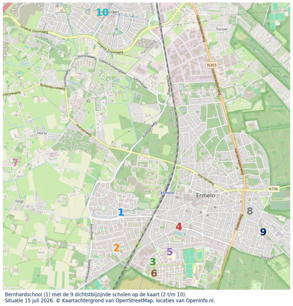Kaart van de school met de tien dichtsbijzijnde scholen. Hierbij zijn de scholen genummerd van 1 tot en met 10. Nummer 1 is toegekend aan de schoolvestiging zelf: Bernhardschool.