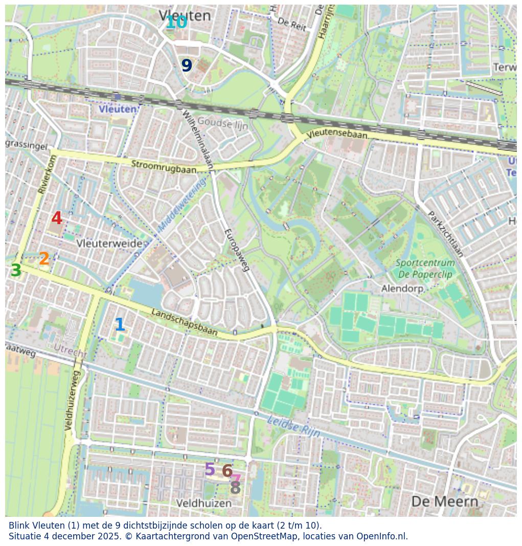 Kaart van de school met de tien dichtsbijzijnde scholen. Hierbij zijn de scholen genummerd van 1 tot en met 10. Nummer 1 is toegekend aan de schoolvestiging zelf: Blink Vleuten.