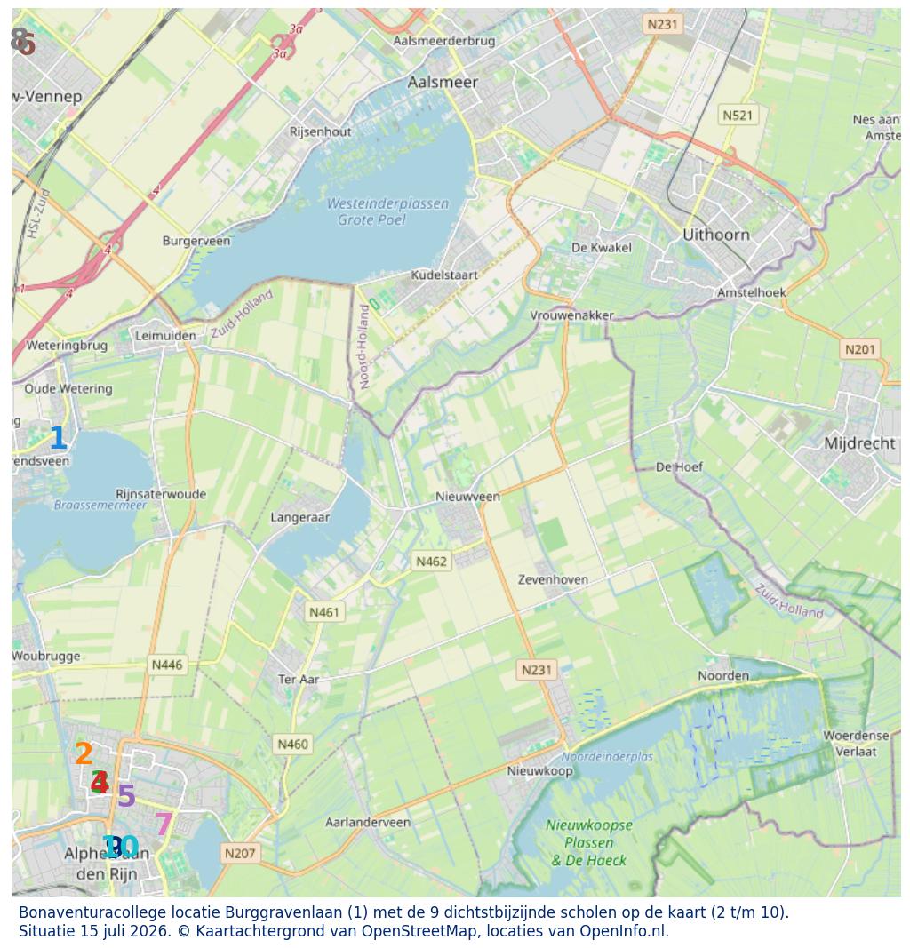 Kaart van de school met de tien dichtsbijzijnde scholen. Hierbij zijn de scholen genummerd van 1 tot en met 10. Nummer 1 is toegekend aan de schoolvestiging zelf: Bonaventuracollege locatie Burggravenlaan.