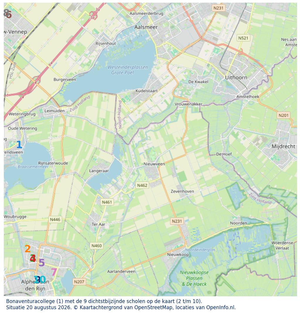 Kaart van de school met de tien dichtsbijzijnde scholen. Hierbij zijn de scholen genummerd van 1 tot en met 10. Nummer 1 is toegekend aan de schoolvestiging zelf: Bonaventuracollege.