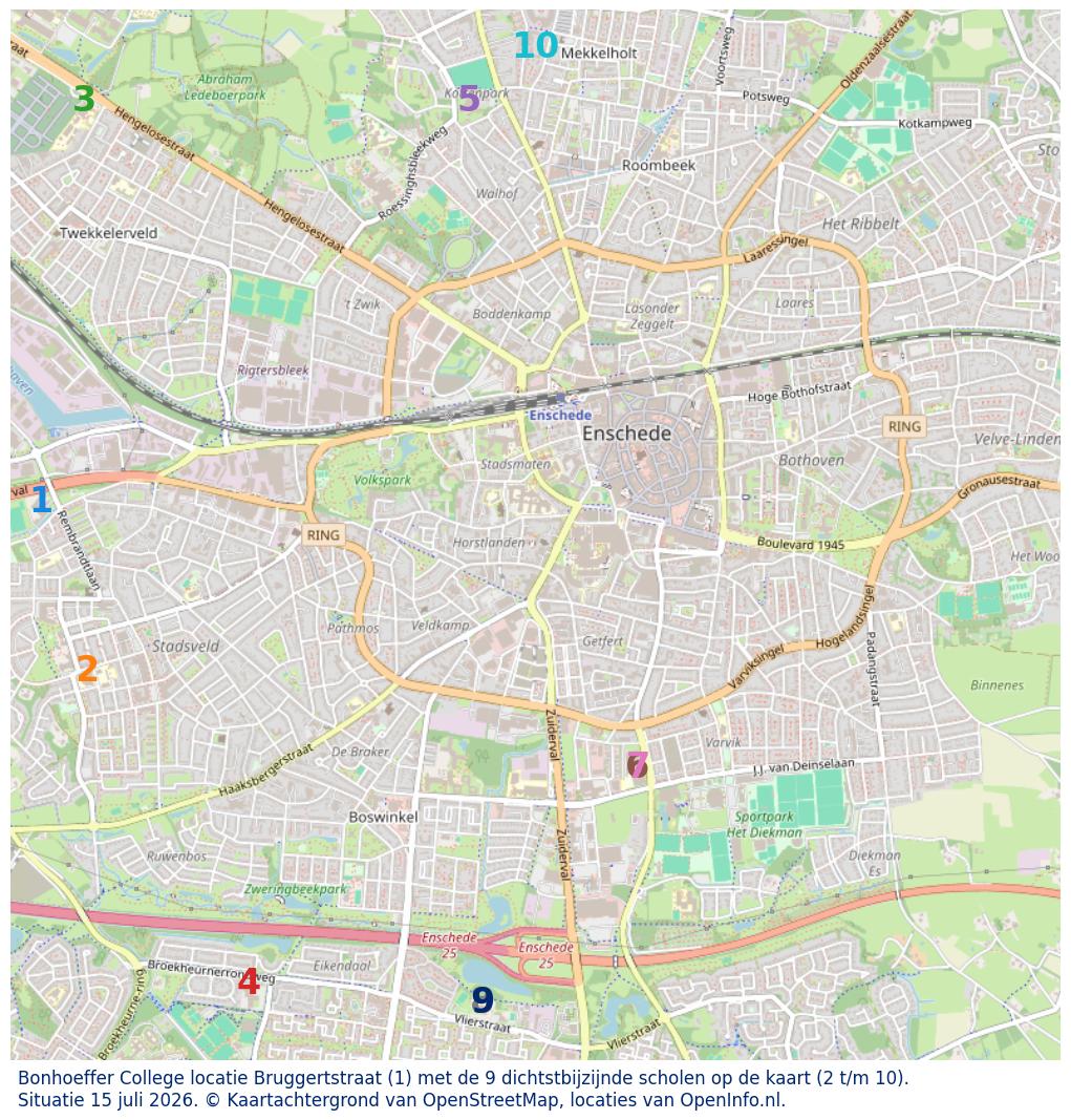 Kaart van de school met de tien dichtsbijzijnde scholen. Hierbij zijn de scholen genummerd van 1 tot en met 10. Nummer 1 is toegekend aan de schoolvestiging zelf: Bonhoeffer College locatie Bruggertstraat.