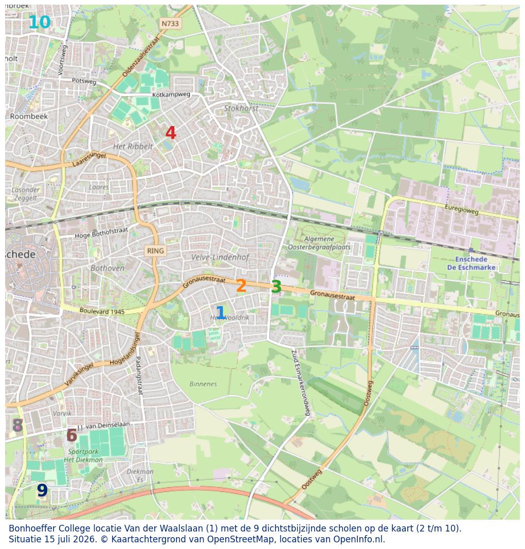 Kaart van de school met de tien dichtsbijzijnde scholen. Hierbij zijn de scholen genummerd van 1 tot en met 10. Nummer 1 is toegekend aan de schoolvestiging zelf: Bonhoeffer College locatie Van der Waalslaan.