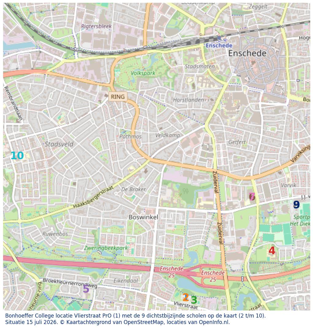 Kaart van de school met de tien dichtsbijzijnde scholen. Hierbij zijn de scholen genummerd van 1 tot en met 10. Nummer 1 is toegekend aan de schoolvestiging zelf: Bonhoeffer College locatie Vlierstraat PrO.
