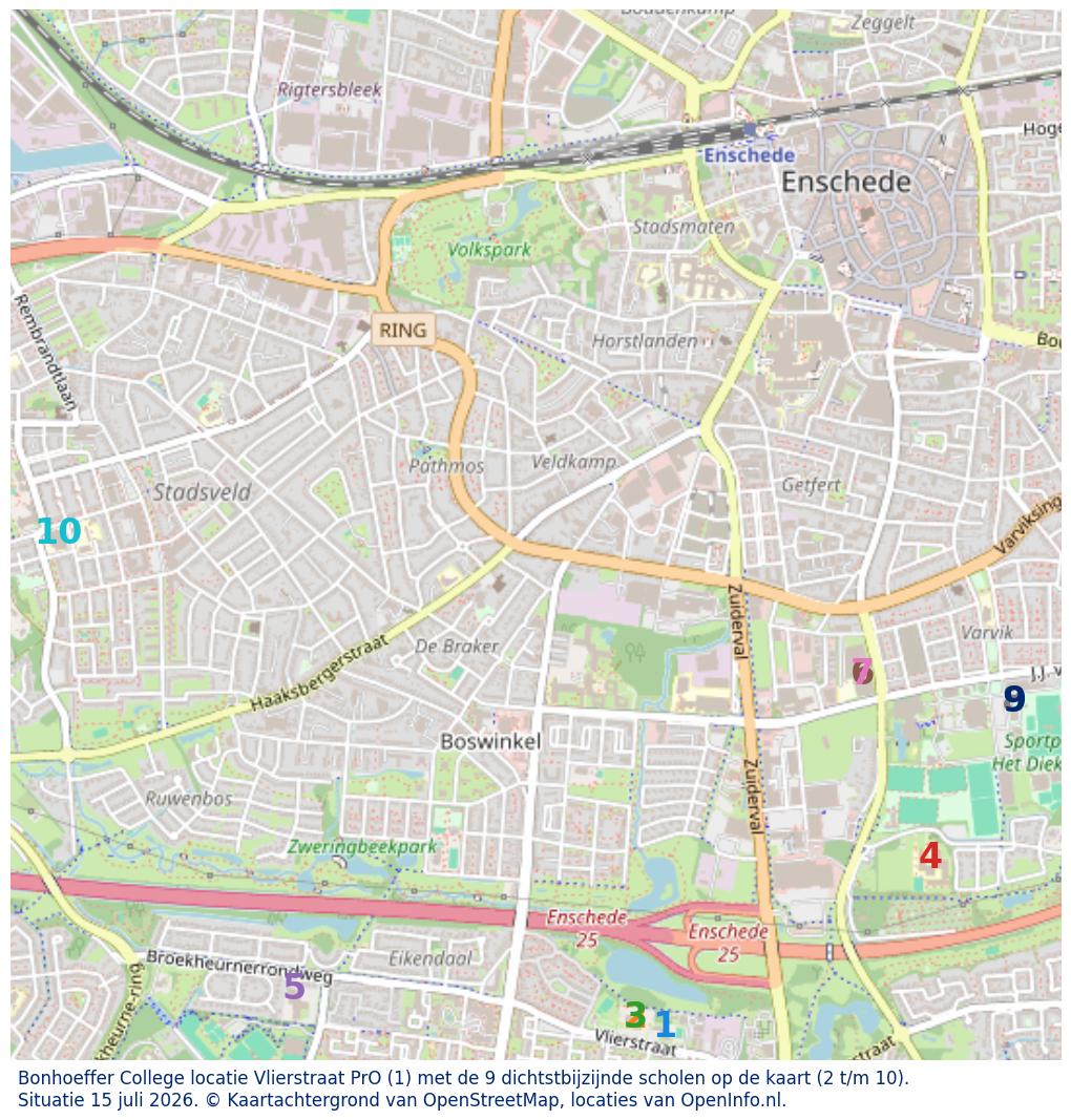 Kaart van de school met de tien dichtsbijzijnde scholen. Hierbij zijn de scholen genummerd van 1 tot en met 10. Nummer 1 is toegekend aan de schoolvestiging zelf: Bonhoeffer College locatie Vlierstraat PrO.