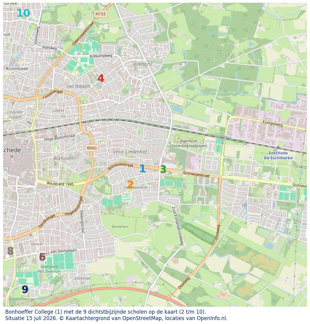 Kaart van de school met de tien dichtsbijzijnde scholen. Hierbij zijn de scholen genummerd van 1 tot en met 10. Nummer 1 is toegekend aan de schoolvestiging zelf: Bonhoeffer College.