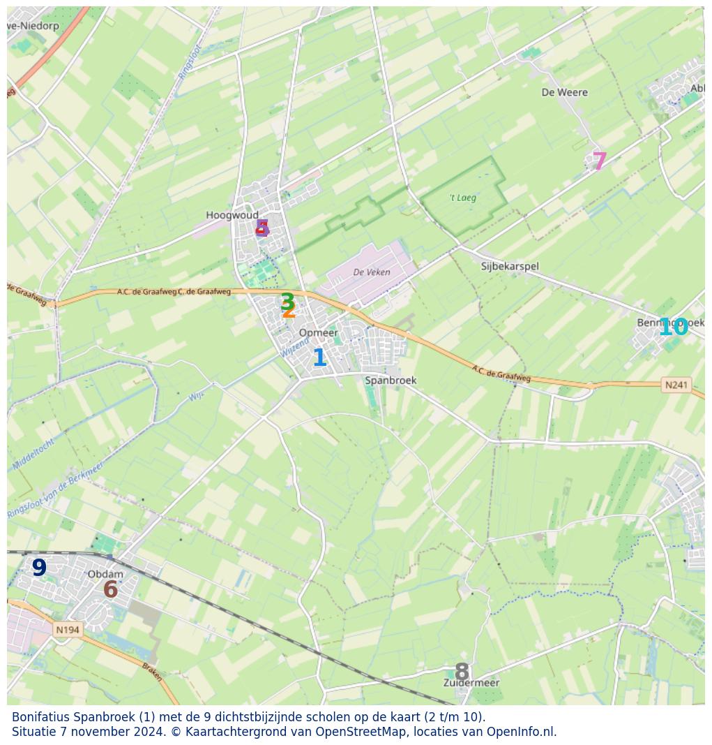 Kaart van de school met de tien dichtsbijzijnde scholen. Hierbij zijn de scholen genummerd van 1 tot en met 10. Nummer 1 is toegekend aan de schoolvestiging zelf: Bonifatius Spanbroek.