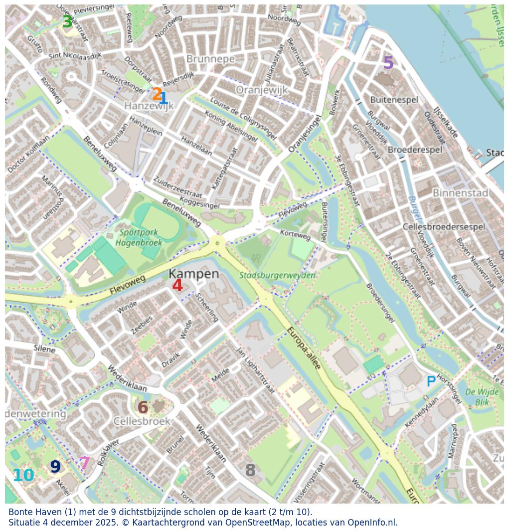 Kaart van de school met de tien dichtsbijzijnde scholen. Hierbij zijn de scholen genummerd van 1 tot en met 10. Nummer 1 is toegekend aan de schoolvestiging zelf: Bonte Haven.