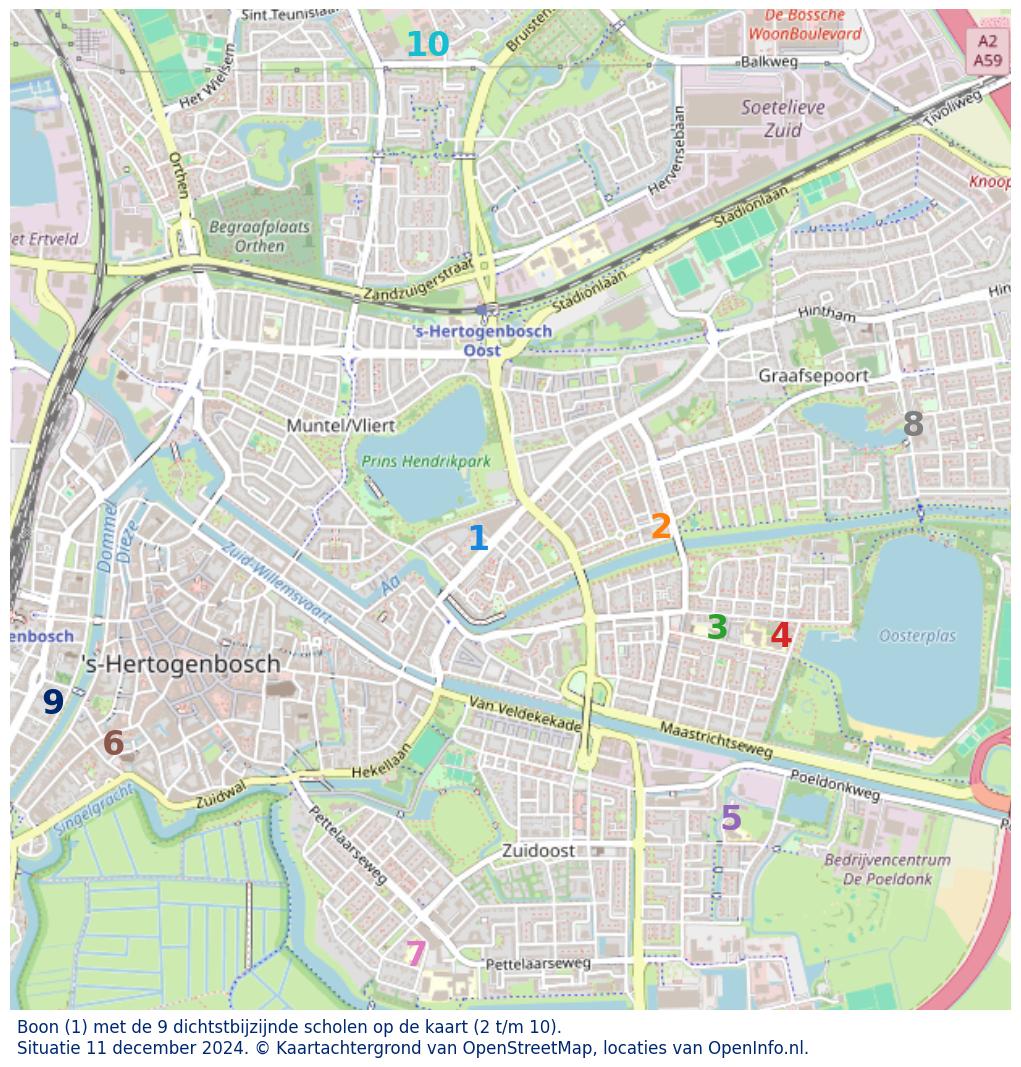 Kaart van de school met de tien dichtsbijzijnde scholen. Hierbij zijn de scholen genummerd van 1 tot en met 10. Nummer 1 is toegekend aan de schoolvestiging zelf: Boon.