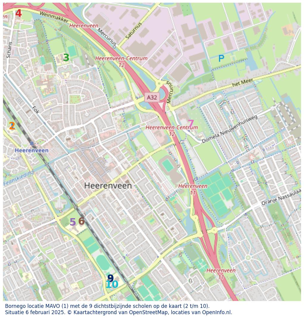 Kaart van de school met de tien dichtsbijzijnde scholen. Hierbij zijn de scholen genummerd van 1 tot en met 10. Nummer 1 is toegekend aan de schoolvestiging zelf: Bornego locatie MAVO.