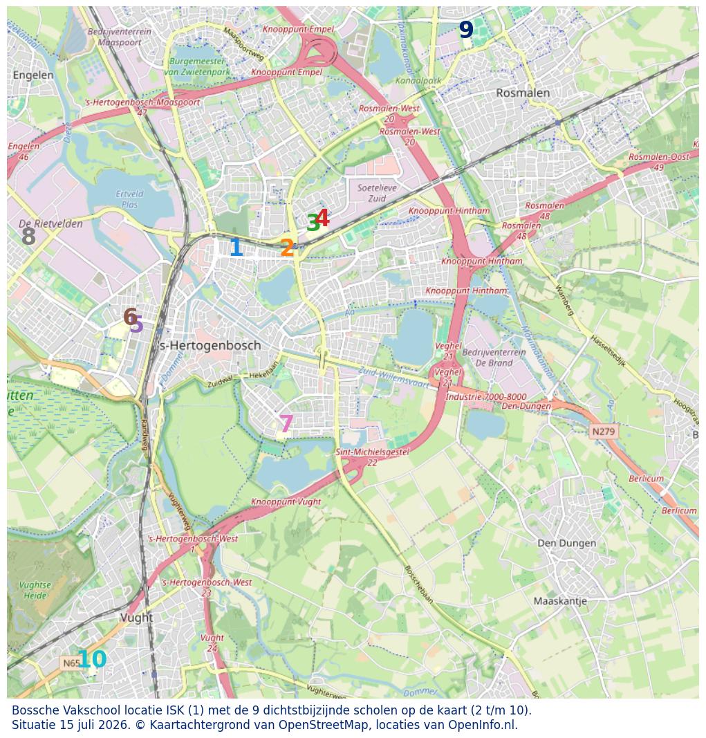 Kaart van de school met de tien dichtsbijzijnde scholen. Hierbij zijn de scholen genummerd van 1 tot en met 10. Nummer 1 is toegekend aan de schoolvestiging zelf: Bossche Vakschool locatie ISK.