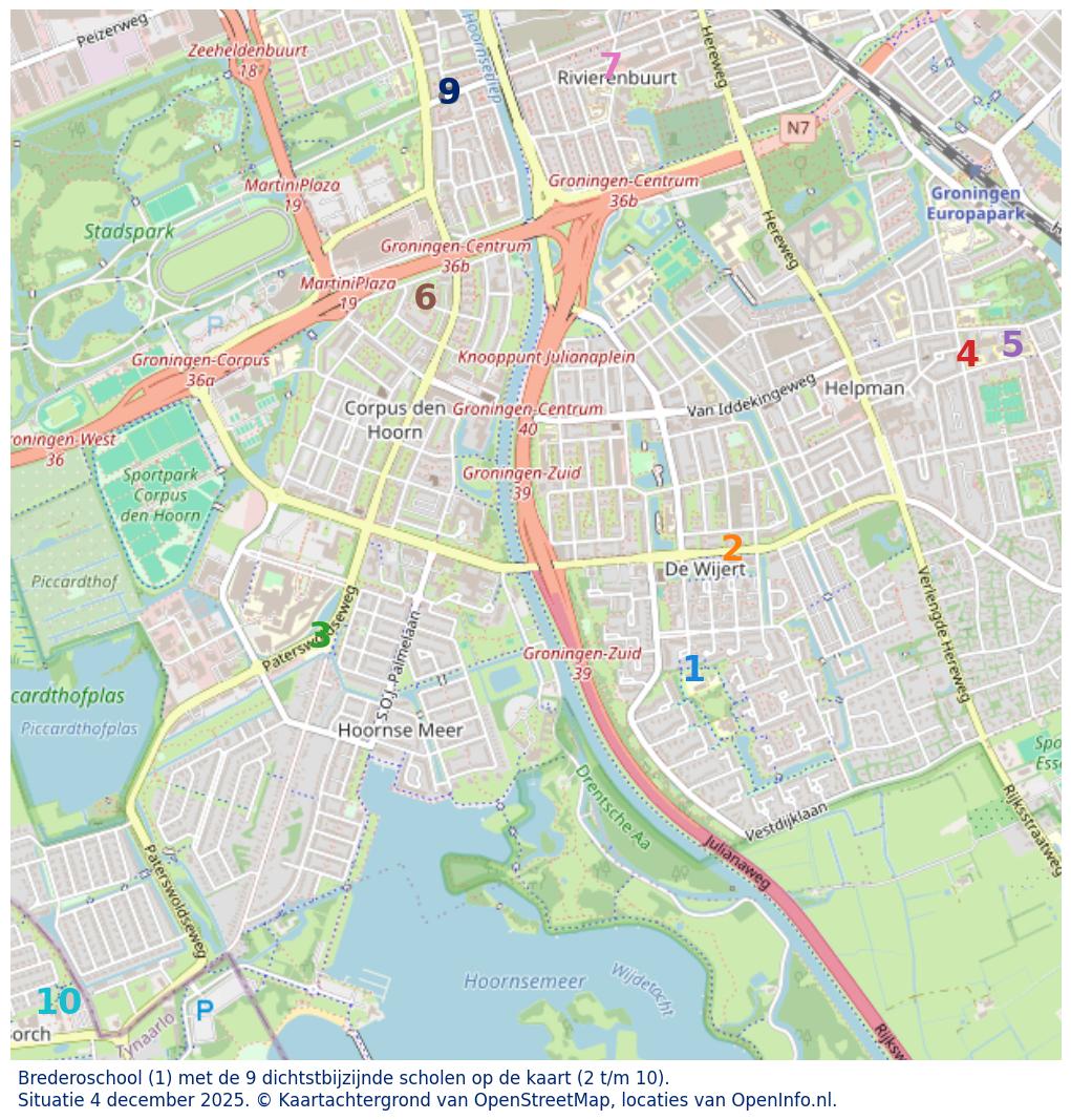 Kaart van de school met de tien dichtsbijzijnde scholen. Hierbij zijn de scholen genummerd van 1 tot en met 10. Nummer 1 is toegekend aan de schoolvestiging zelf: Brederoschool.