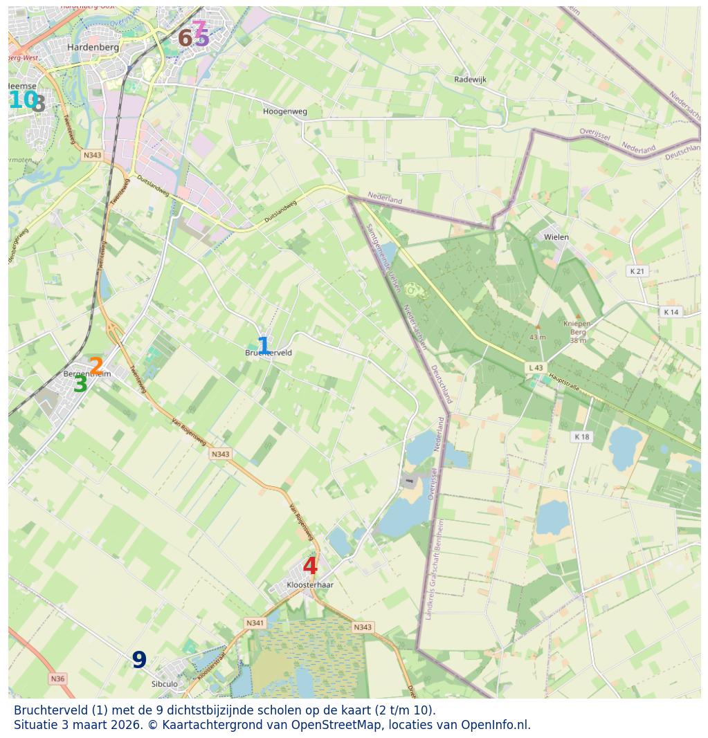 Kaart van de school met de tien dichtsbijzijnde scholen. Hierbij zijn de scholen genummerd van 1 tot en met 10. Nummer 1 is toegekend aan de schoolvestiging zelf: Bruchterveld.