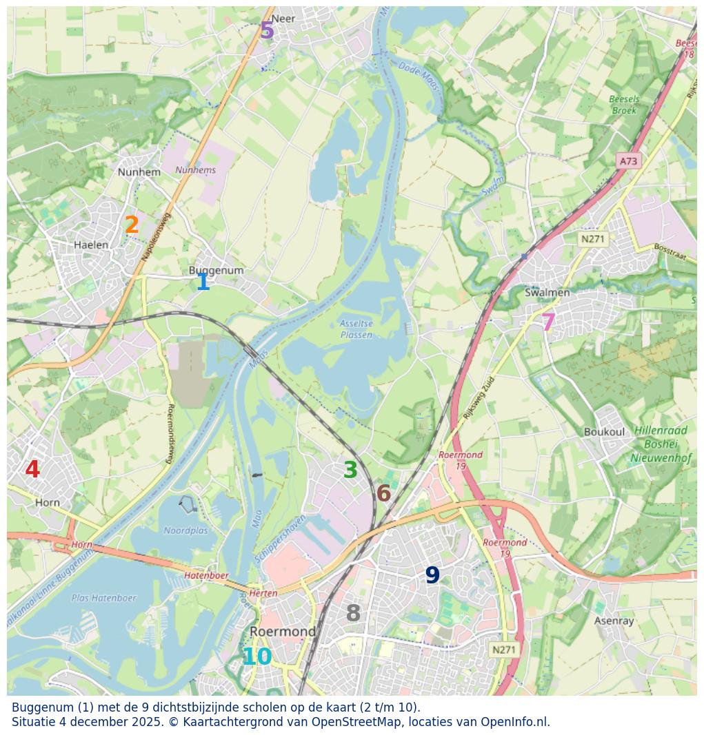 Kaart van de school met de tien dichtsbijzijnde scholen. Hierbij zijn de scholen genummerd van 1 tot en met 10. Nummer 1 is toegekend aan de schoolvestiging zelf: Buggenum.